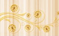 3D Wallpaper mural Design with wooden golden Floral and Geometric Objects gold ball and pearls, gold jewelry wallpaper Royalty Free Stock Photo